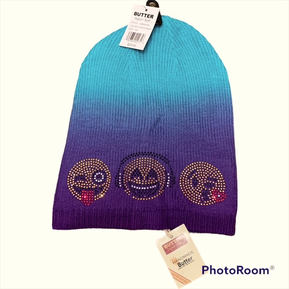 Butter Super Soft ombre beanie, studded emoji embellishments OS